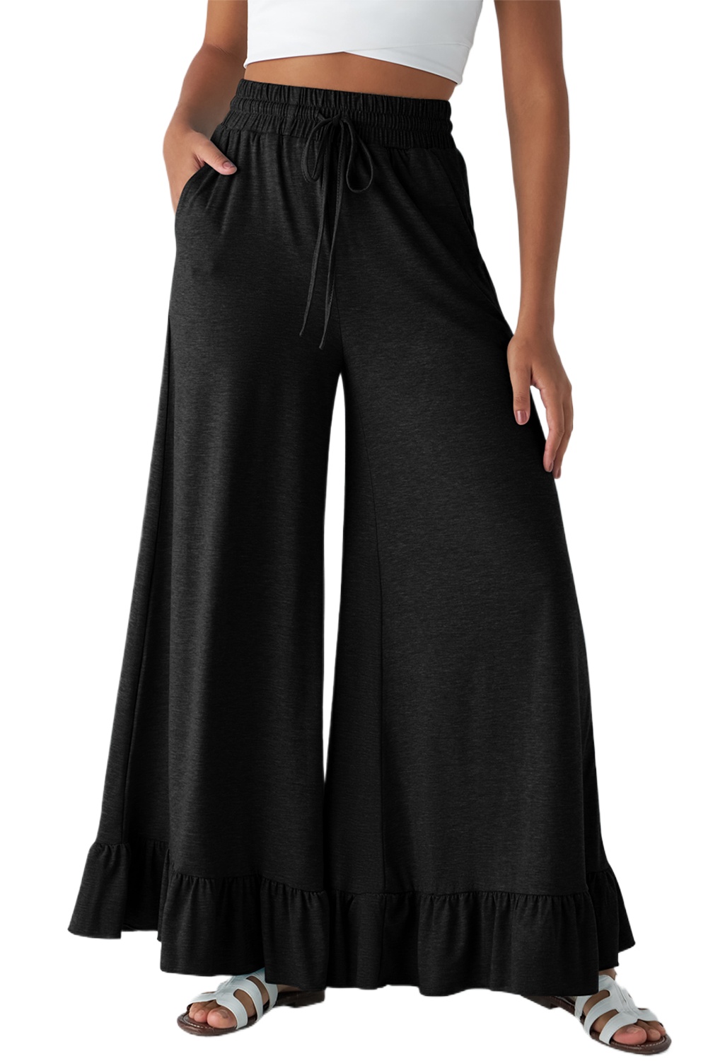 Women's Black Ruffled Wide Leg Pull-On High Waist Pants with Pockets - Main View
