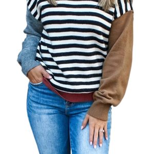 Chic Black Striped Panels Colorblock Sleeve Sweater for Women - Main View