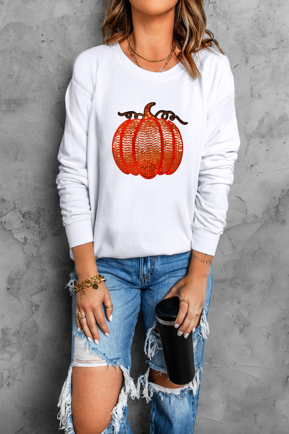 Women's Sweatshirt, White Pullover, Sequin Pumpkin Graphic, Casual Style, Fall Fashion, Thanksgiving, Halloween, Round Neck, Drop Shoulder, Loose Fit, Trendy, Comfortable, Autumn Wear, Graphic Sweatshirts - Detail View 8