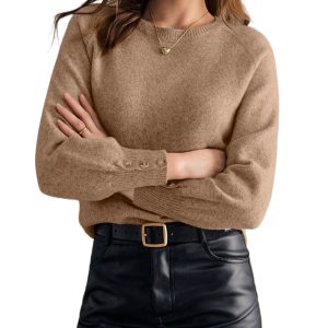 Women's Elegant Camel Buttoned Bishop Sleeve Crew Neck Sweater - Main View