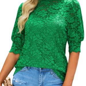 Chic Women's Green High Neck Lace Blouse – Short Sleeve Solid Top for Casual Summer Style