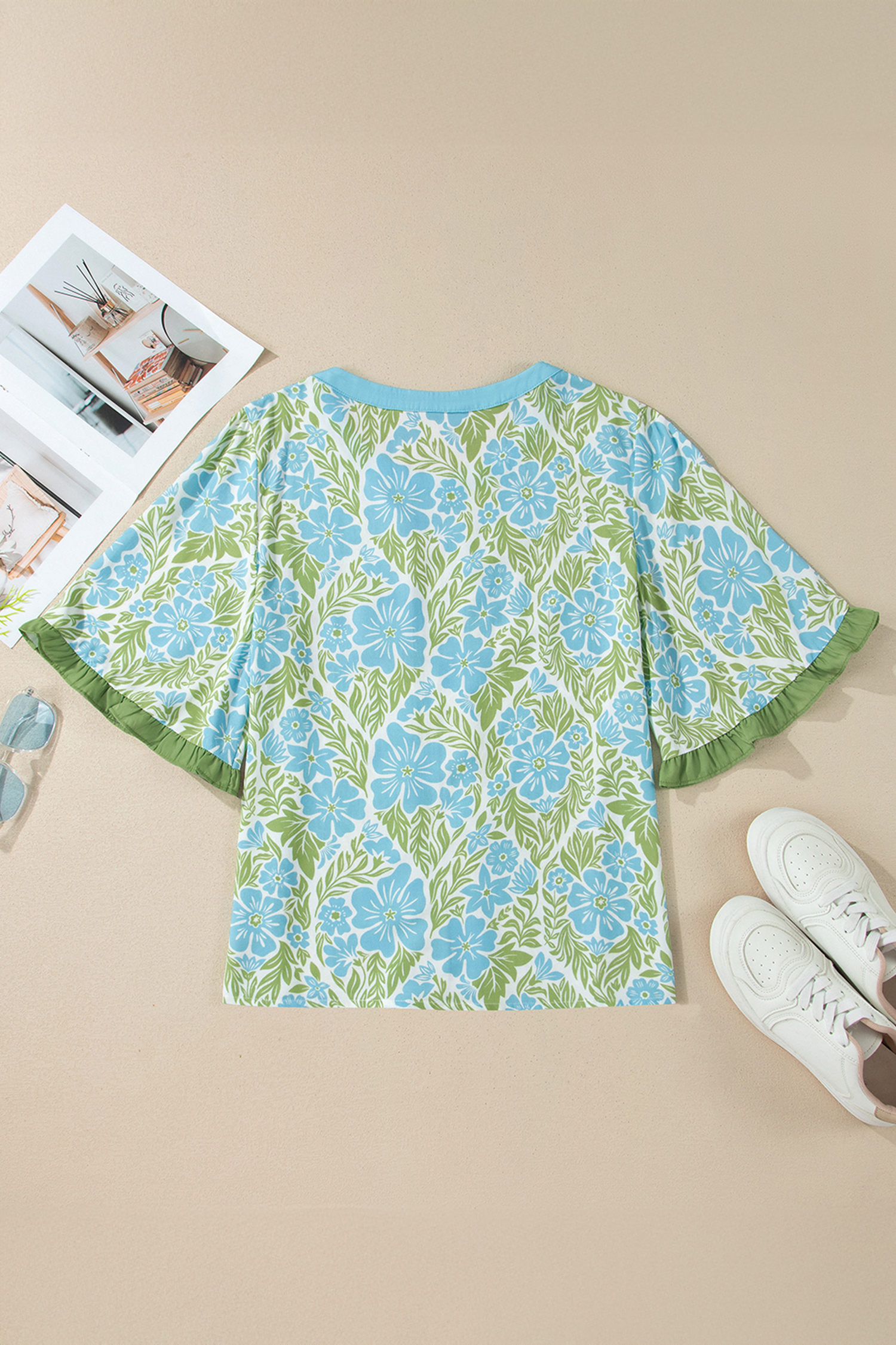 Women's 100% Viscose Floral Blouse – Sky Blue Color Block Trim Top for Daily Casual Wear - Detail View 6