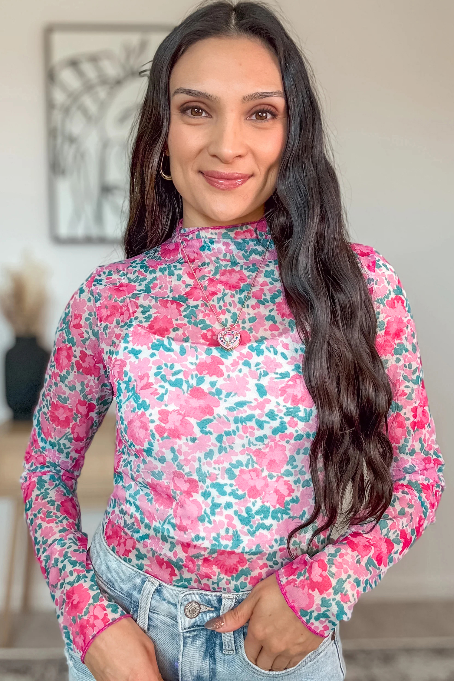 Floral Mesh Long Sleeve Mock Neck Top for Women – Stylish Pink Sheath for Daily Wear - Detail View 3