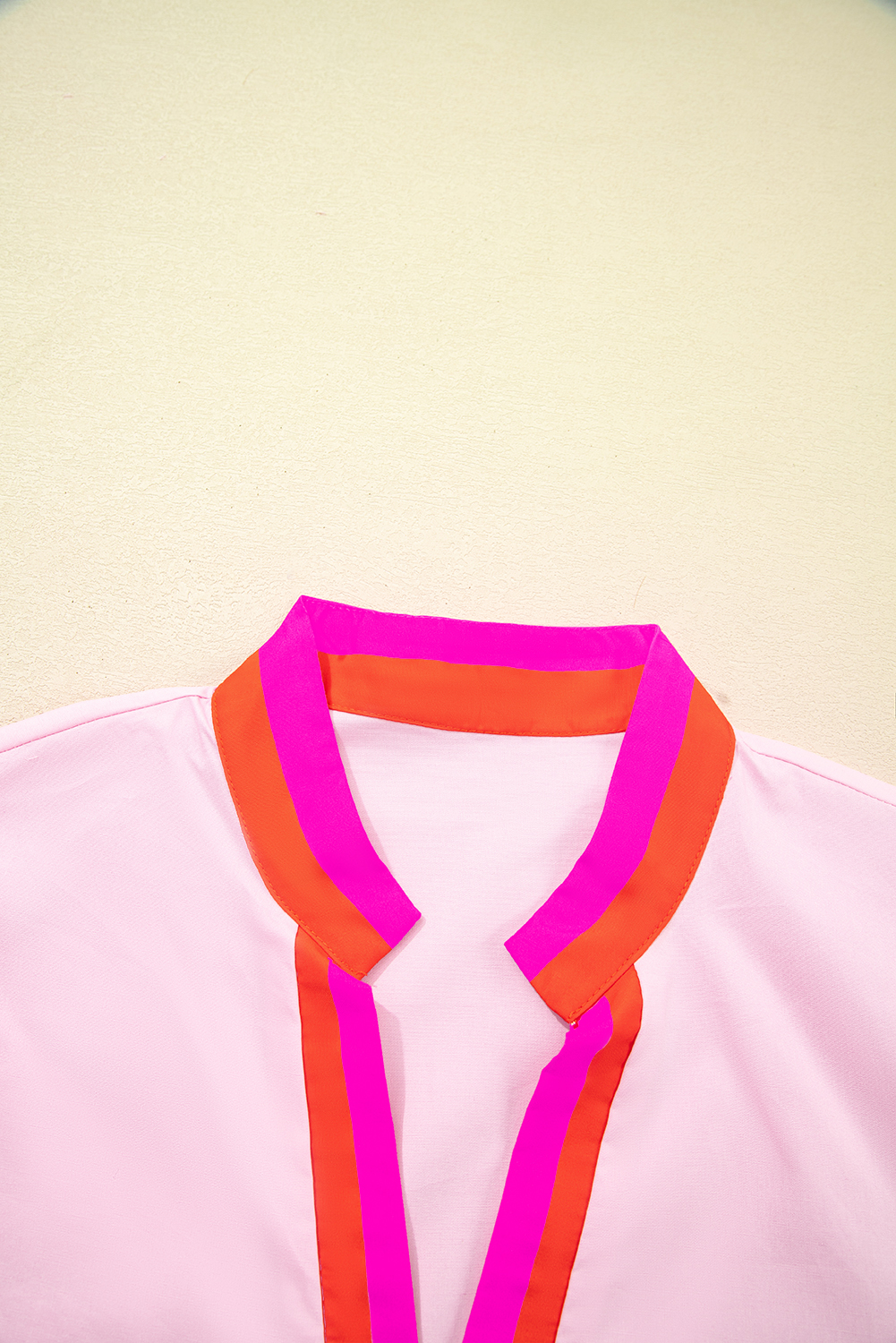 Casual Summer Blouse: Pink Solid Color with Contrast Trim and Puff Sleeves - Detail View 6