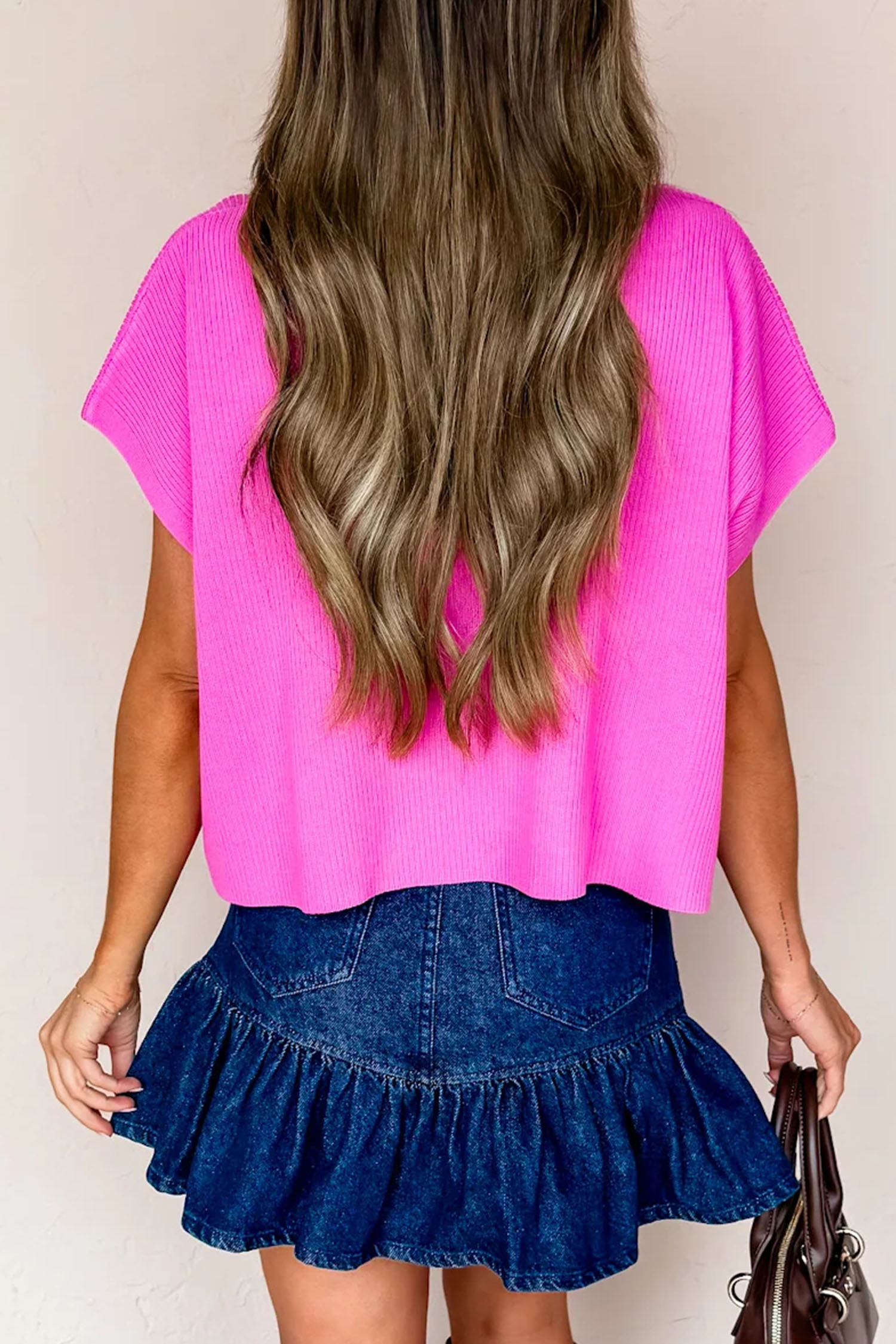 Women's Ribbed Knit Mock Neck Pullover – Bright Pink Summer Sweater, Lightweight Casual Top for Daily Outings - Detail View 3