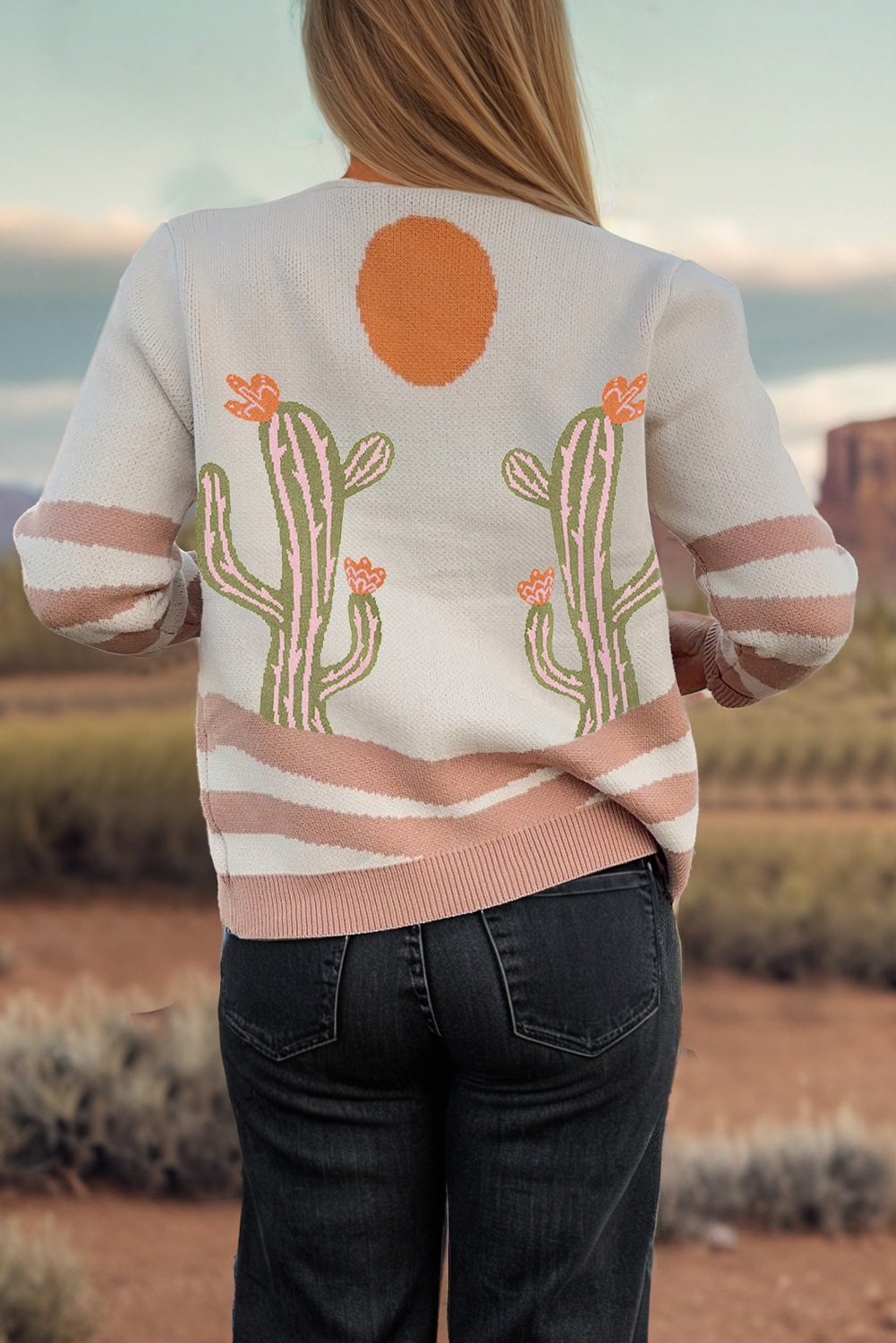 Chic Long Sleeve V Neck Cardigan with Western Print - Perfect for Fall & Autumn - Detail View 2