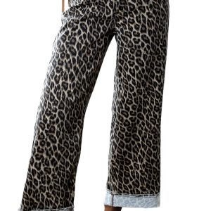 Women's Yellow Leopard Print Wide Leg Jeans – High Waist Straight Loose Fit for Daily Casual Wear - Main View