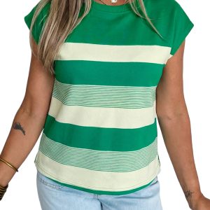 Women's Green Stripe Crew Neck T-Shirt – Casual Cap Sleeve Top for Daily Wear