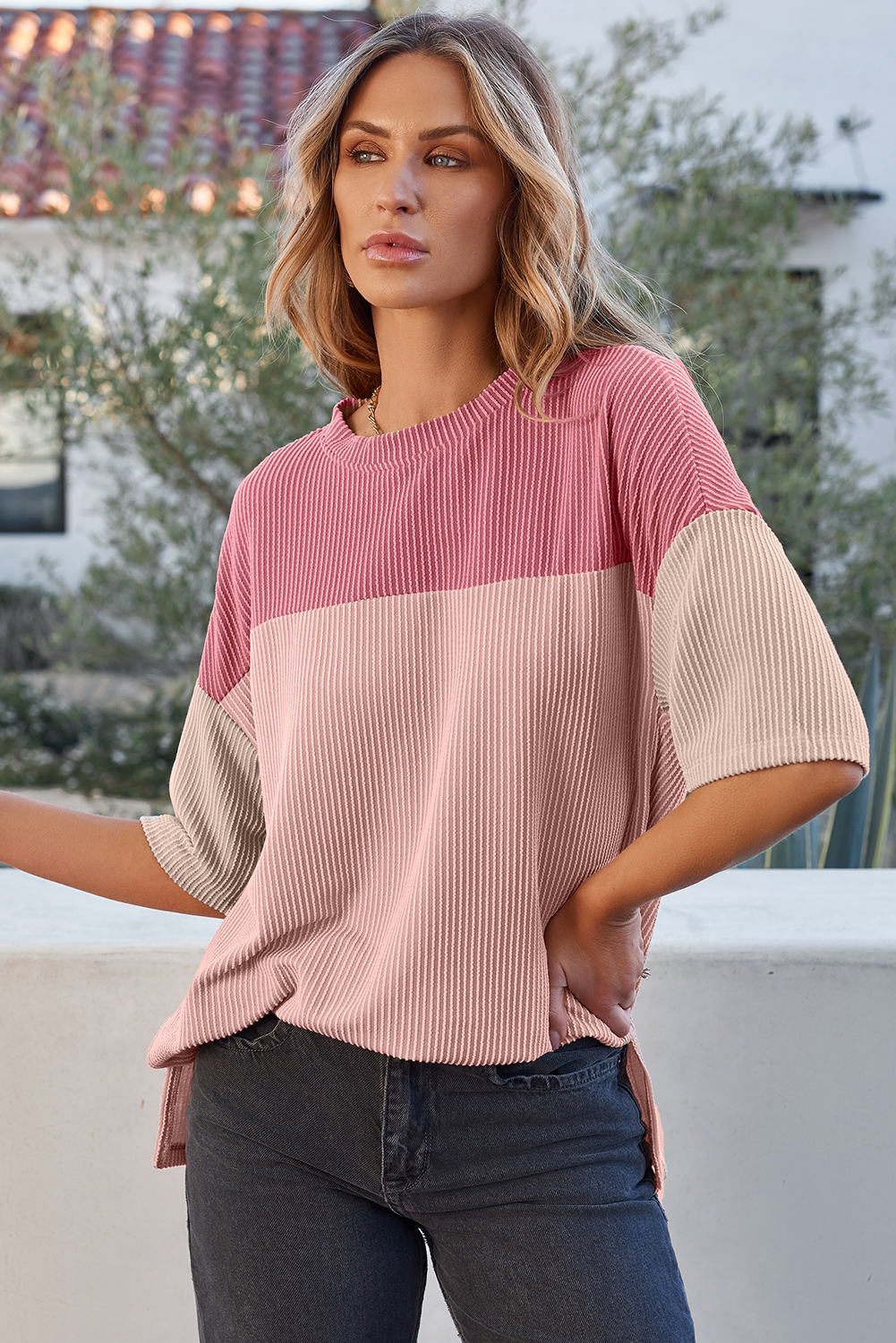 Women's Pink Color Block Half Sleeve Top with Ribbed Side Slits - Detail View 5