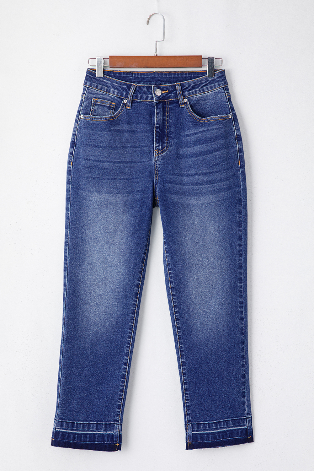 Women's Stretch Cropped Jeans – Whiskered Dark Blue High Waist Denim for All Seasons - Detail View 3