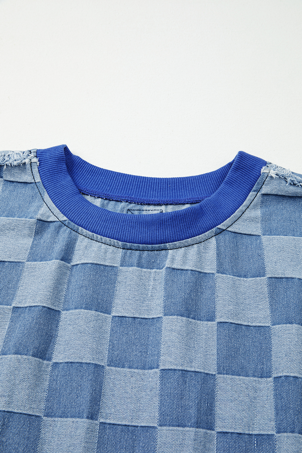 Fashionable Sky Blue Long Sleeve Denim Pullover with Plaid Patchwork Design - Detail View 10