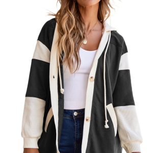 Women's Black Waffle Knit Oversize Hoodie with Color Block Patchwork – Casual Daily Wear Button Front Style
