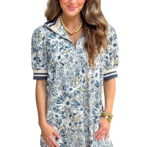 Women's Blue Floral Mini Dress – Casual Short Sleeve Shift Dress for Summer Outings