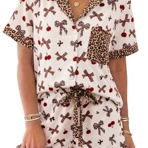 Women's Leopard and Cherry Print Pajama Set – Short Sleeve Shirt and Drawstring Shorts - Main View