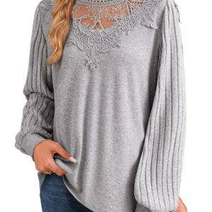 Women's Gray Hollowed Lace Long Sleeve Knit Top – Casual Daily Wear with Ribbed Patchwork Details