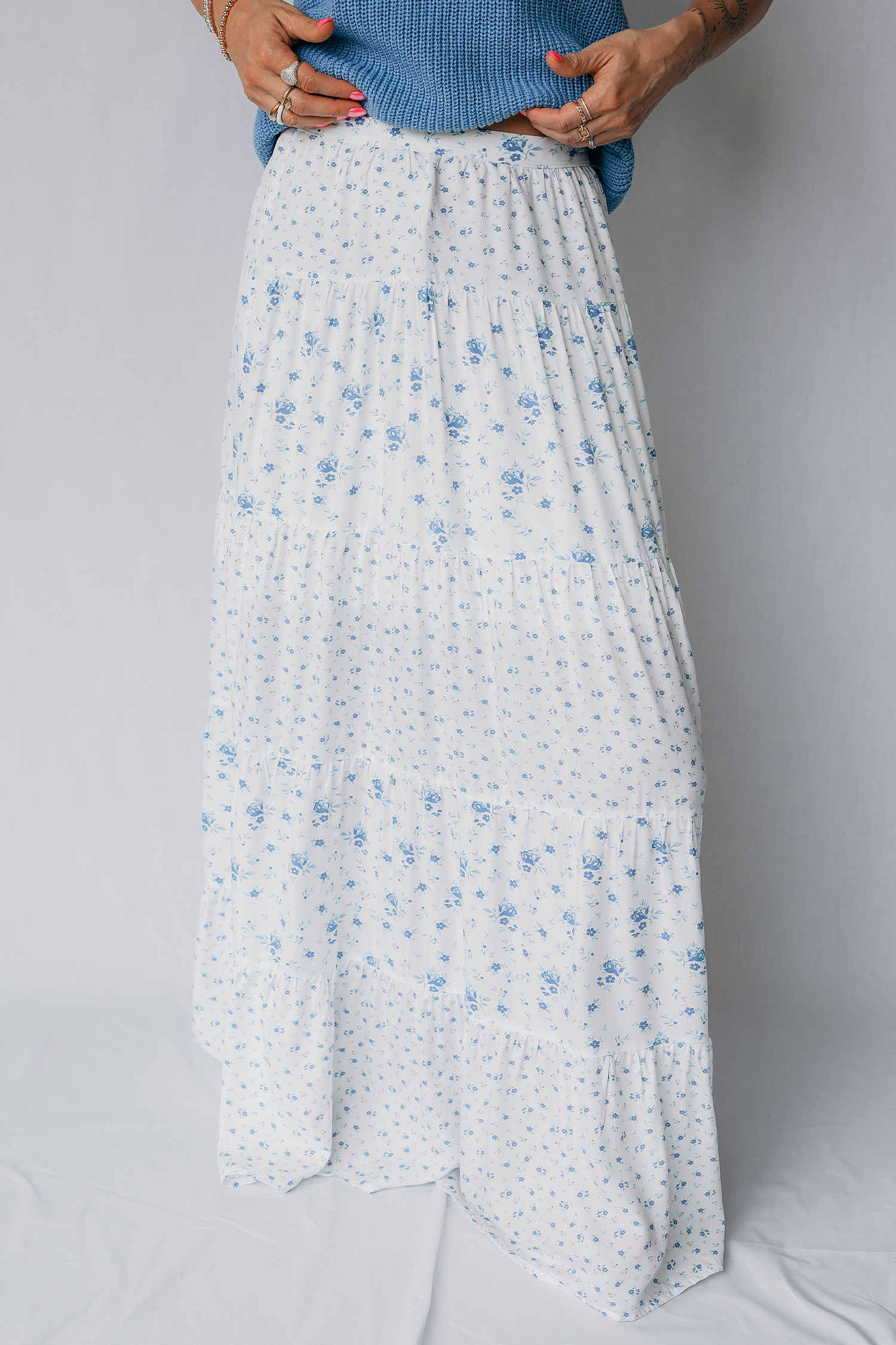 Boho Floral Maxi Skirt for Women – Sky Blue High Waist Patchwork Long Skirt, Casual Daily Summer Style - Detail View 5