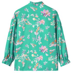 Women's Green Floral Lantern Sleeve Button Front Shirt - Stylish Casual Top for Spring - Main View