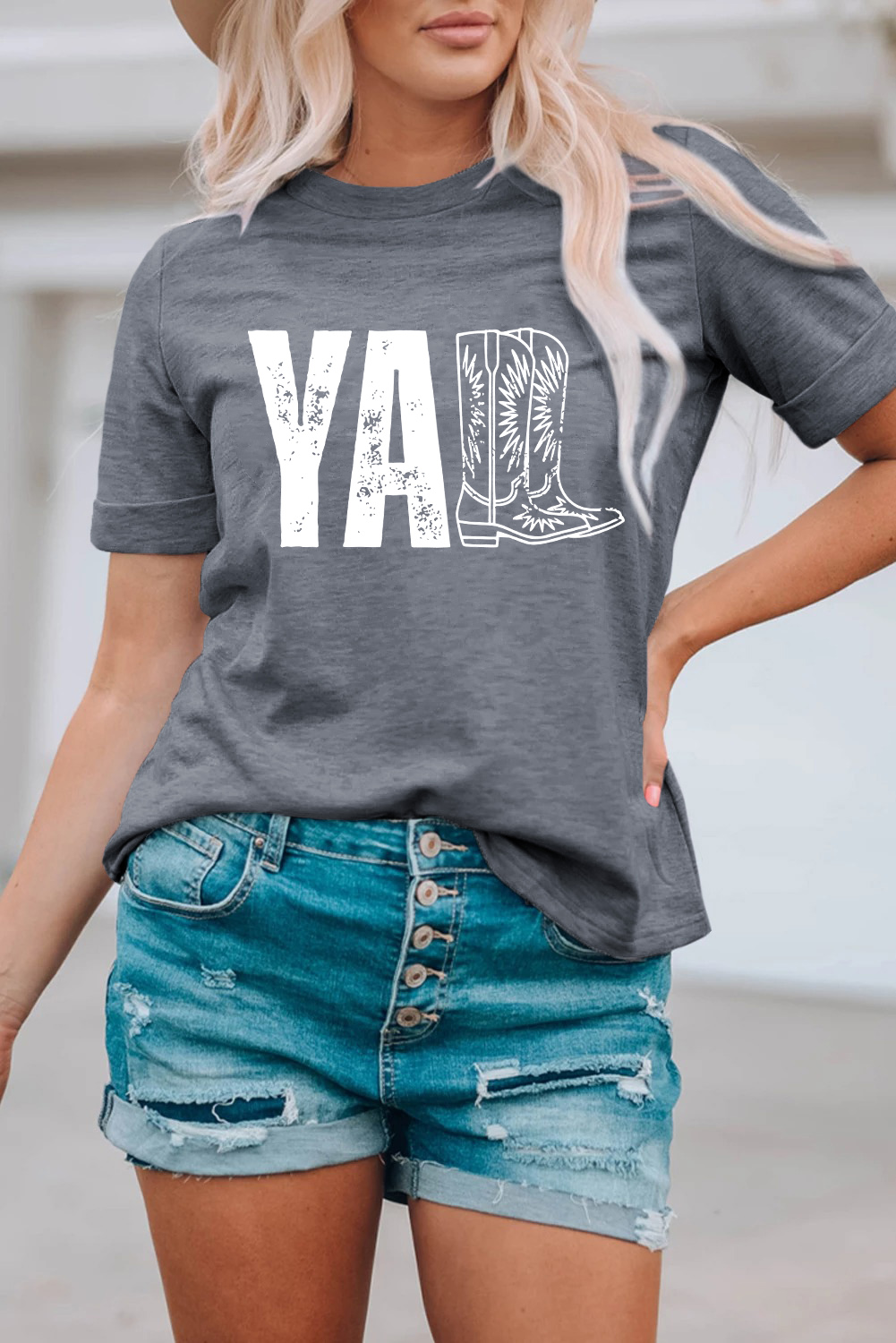 Stylish Gray Round Neck Tee with Western Boots Print for Daily Wear - Detail View 6