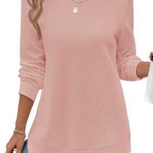 Women's Gossamer Pink Waffle Knit Long Sleeve Top with Rounded Hem - Main View