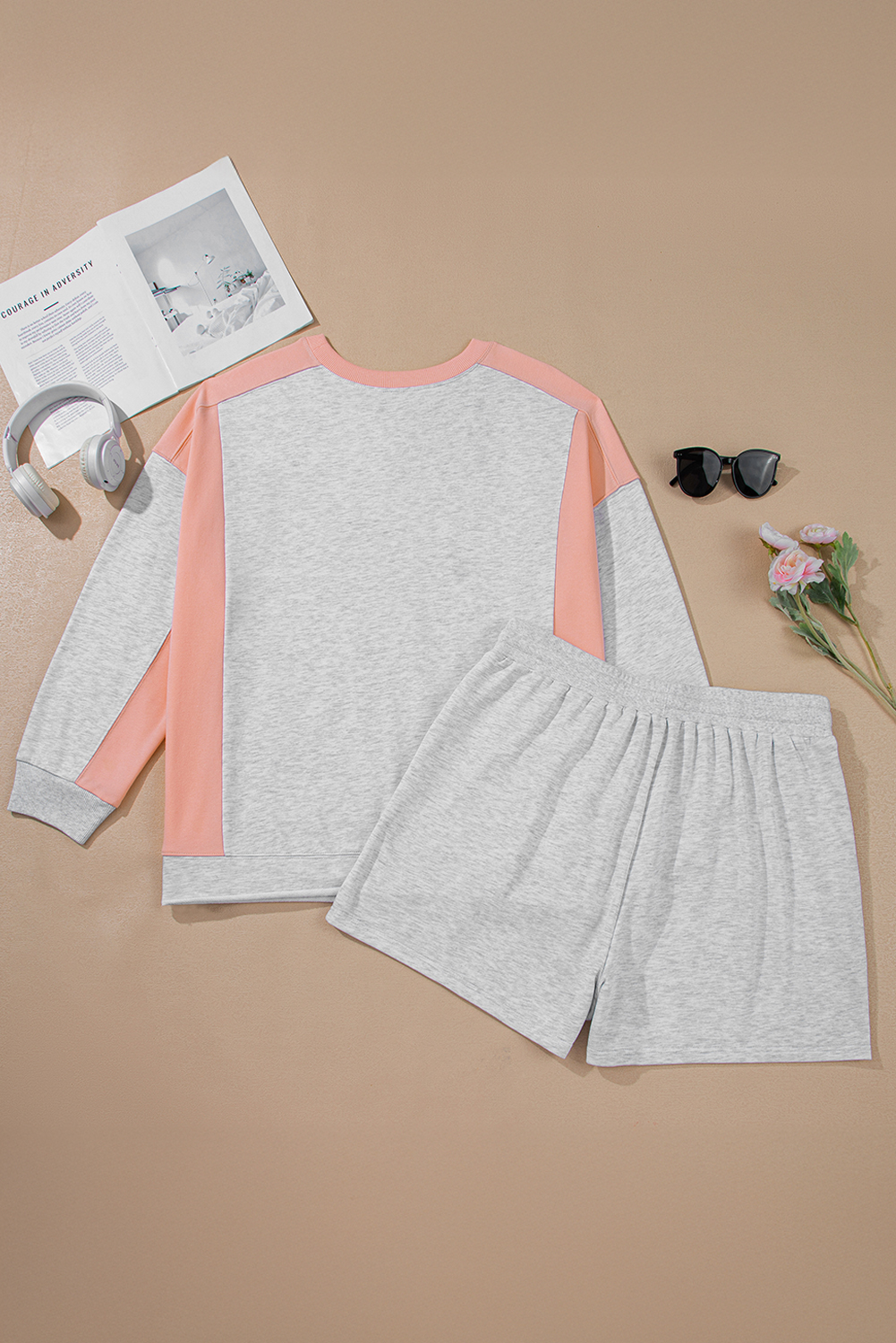 Plus Size Light Grey Uneven Hem Colorblock Pullover & Shorts Casual 2-Piece Outfit - Detail View 9