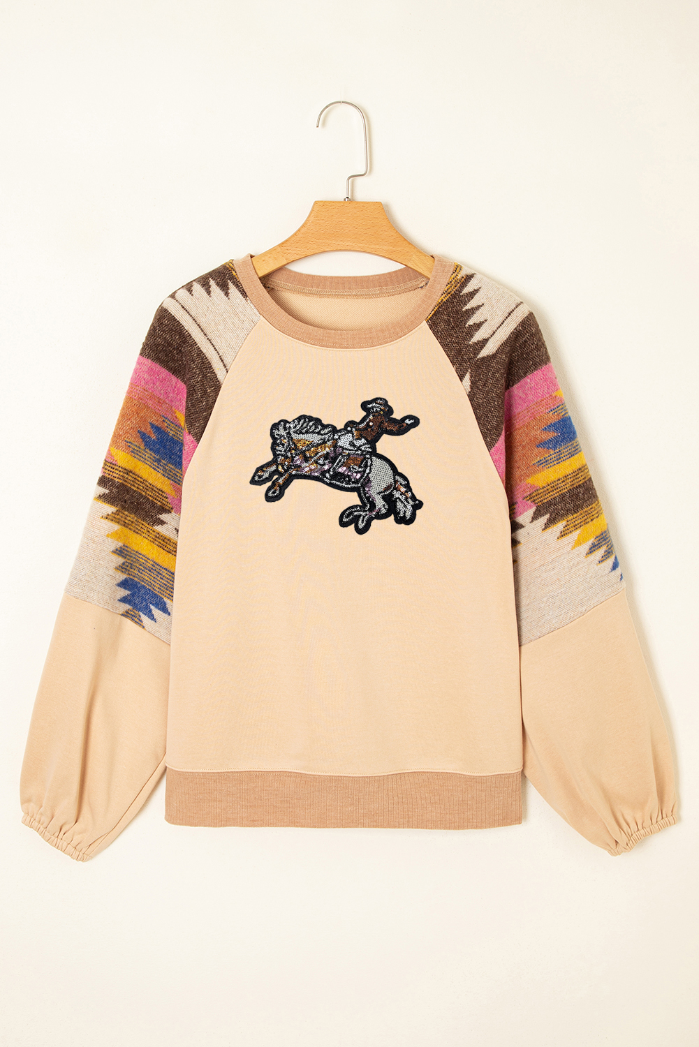 Trendy Long Sleeve Western Sweatshirt with Geometric Aztec Print and Sequins - Detail View 6