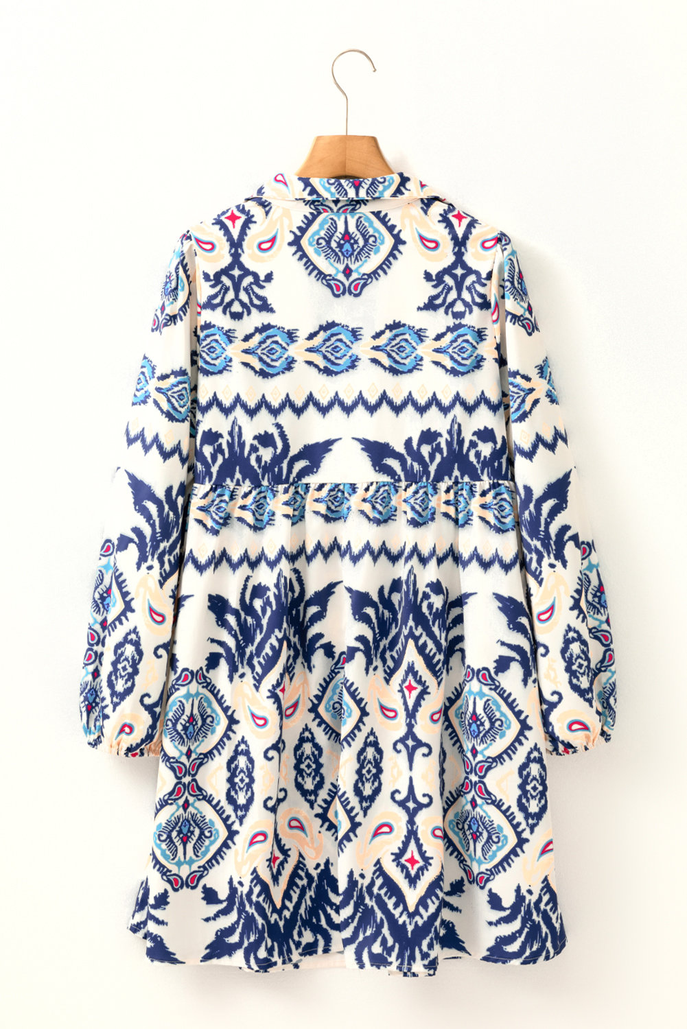 Women's Blue Ethnic Print Striped Split Neck Long Sleeve Flowy Mini Dress for Vacation - Detail View 5