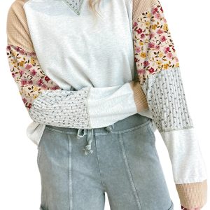 Women's Light Grey Patchwork Pullover Top – Casual Long Sleeve for Everyday Style