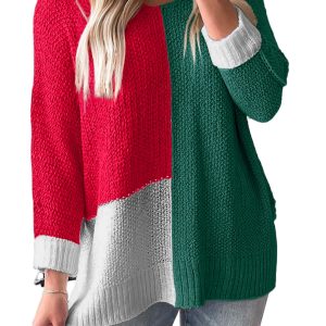 Women's Evergreen Color Block V-Neck Sweater – Cozy Casual Knit for Daily Wear
