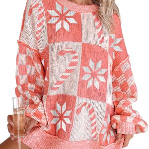 Women's Pink Candycane Snowflake Checker Drop Shoulder Tunic Sweater for Christmas - Main View