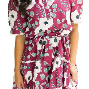 Women's Red Floral Print Mini Dress – Short Puff Sleeve with Belt for Summer Occasions