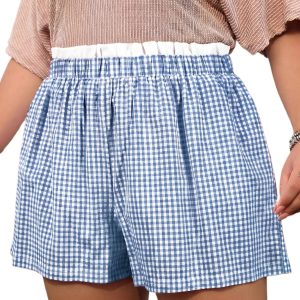 Women's Sky Blue Contrast Trim Plaid Plus Size Shorts – Casual Summer Style for Everyday Wear