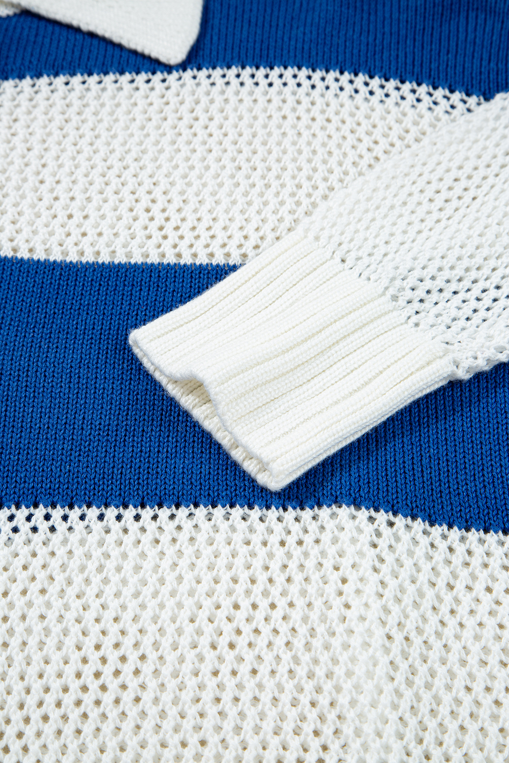 Women's Blue Stripe Colorblock Polo Collar Eyelet Crochet Knitted Sweater - Detail View 9