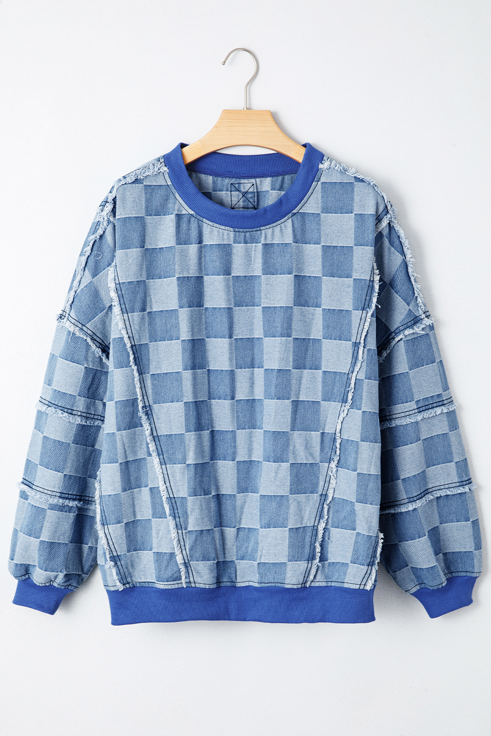 Fashionable Sky Blue Long Sleeve Denim Pullover with Plaid Patchwork Design - Detail View 2