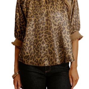 Women's Gold Metallic Leopard Print Blouse – Stylish Half Sleeve for Office & Casual Wear