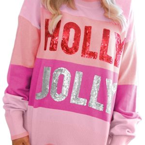 Women's Pink Sequined HOLLY JOLLY Color Block Crew Neck Sweater – Stylish Fall & Christmas Casual Wear - Main View