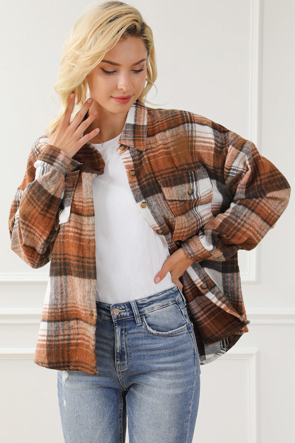 Brown Shacket, Plaid Print, Flap Pockets, Long Sleeve, Casual Style, Autumn Fashion, Daily Wear, Lightweight Outerwear, Easy Layering, Polyester Material, Trendy Design, Comfortable Fit - Detail View 8