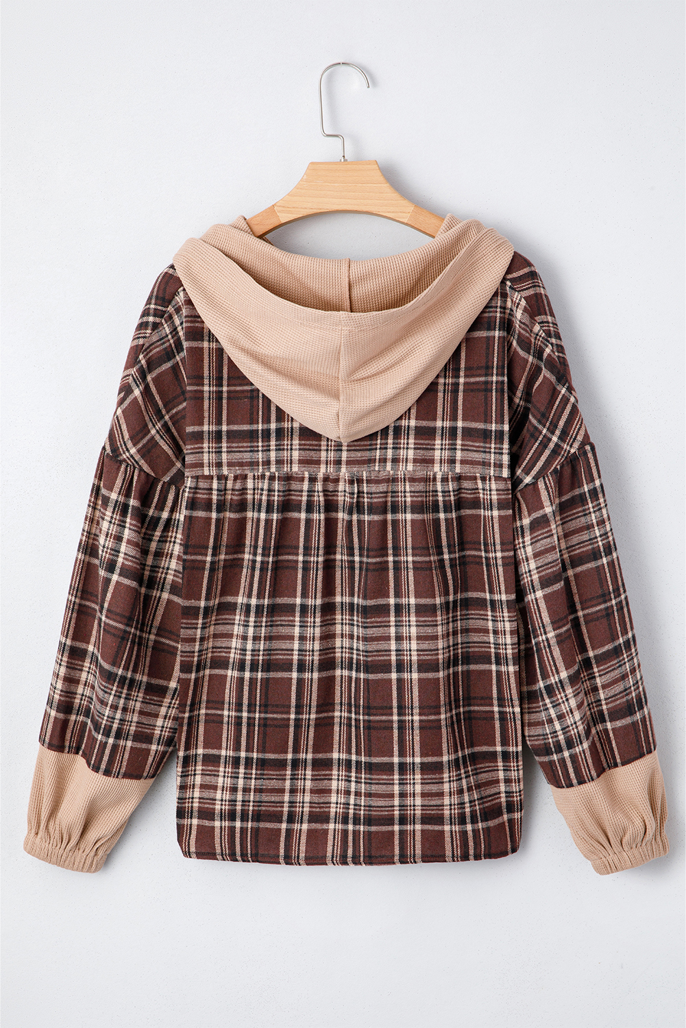 Stylish Brown Plaid Hooded Blouse - Perfect for Fall & Autumn Daily Outfits - Detail View 6