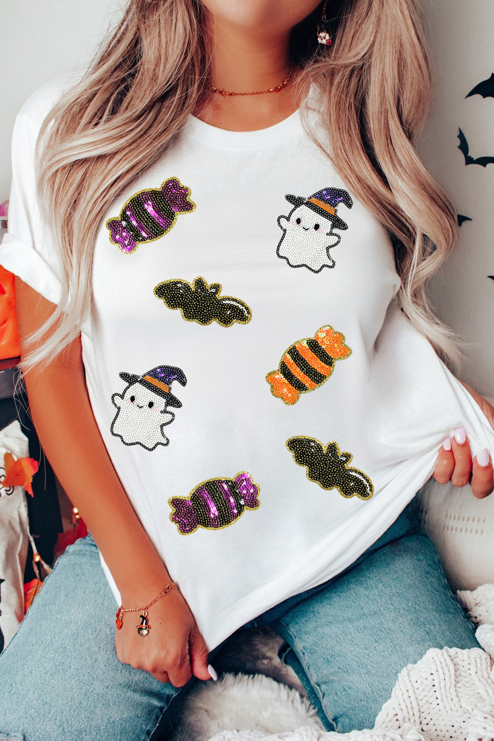 Trendy White Short Sleeve Tee with Sequined Halloween Design - Perfect for Daily Wear - Detail View 6