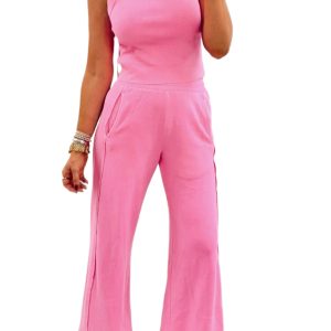 Women's Sachet Pink Slim Ribbed Tank Top & Sweatpants Set – Casual Summer Style
