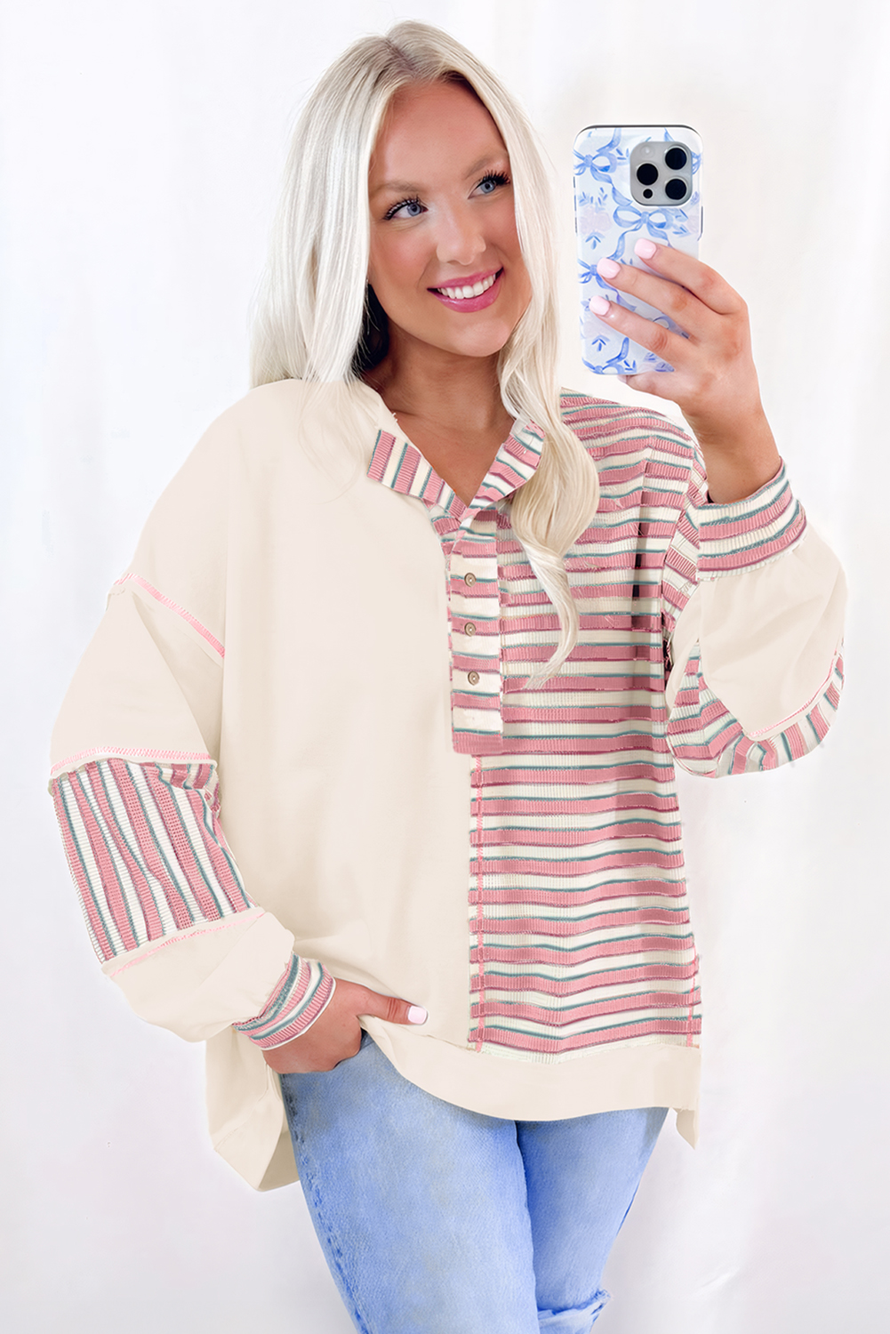 Women's Pullover, Pink Stripe, Color Block, Oversized Top, V Neck, Long Sleeve, Casual Style, Daily Wear, Patchwork Design, Stitched Detail, Comfortable, Fashionable, Fall Fashion, Autumn Style - Detail View 8