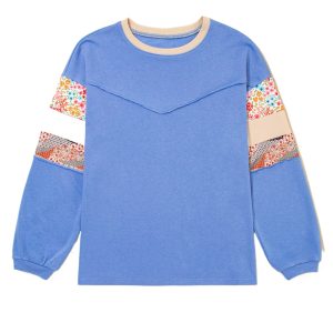 Plus Size Blue Exposed Seam Floral Mixed Patchwork Relaxed Top - Casual Long Sleeve - Main View