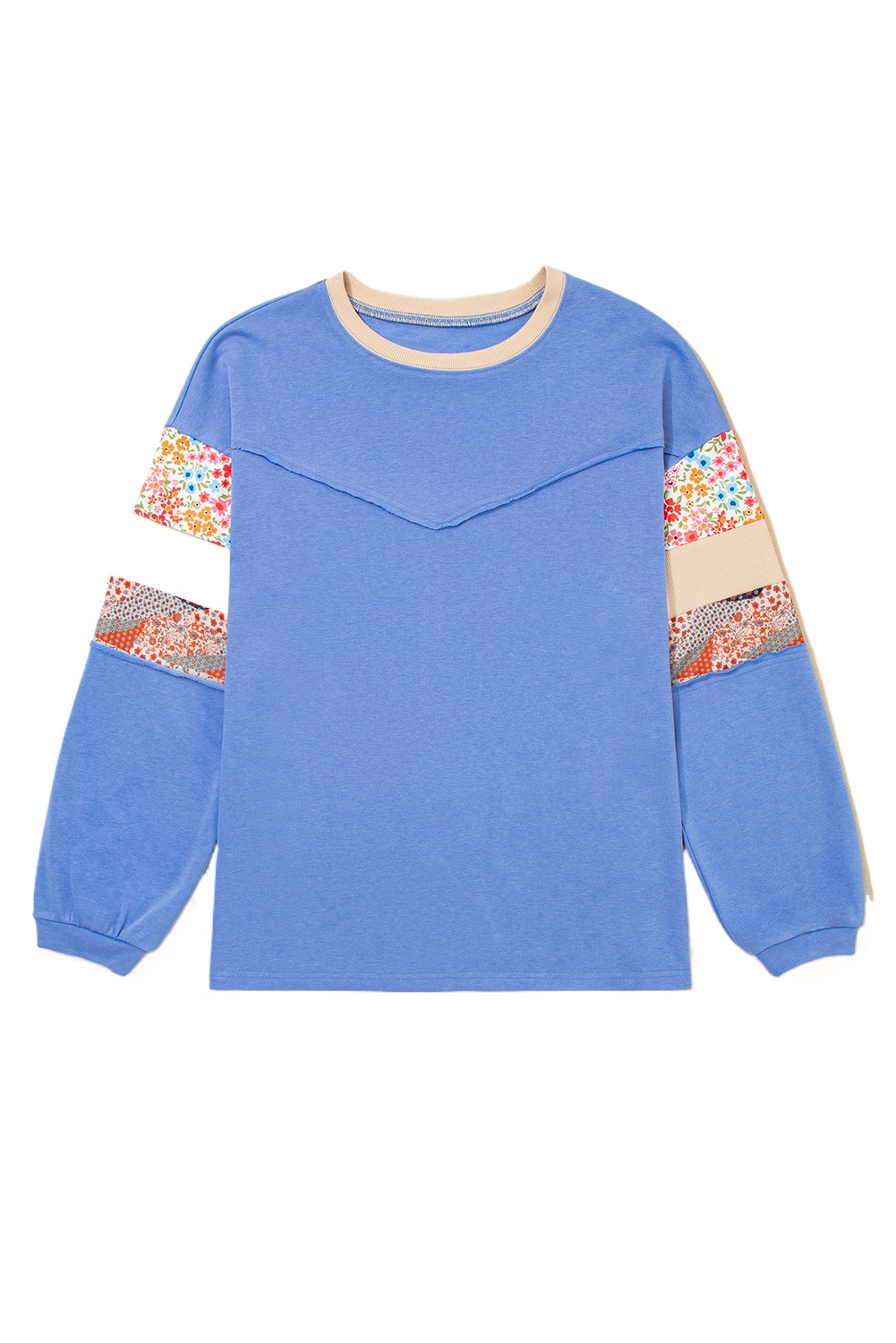 Plus Size Blue Exposed Seam Floral Mixed Patchwork Relaxed Top - Casual Long Sleeve - Main View