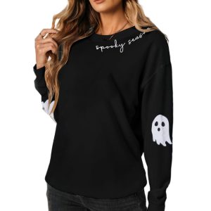 Women's Black Halloween Ghost Print Drop Shoulder Sweatshirt – Casual Fall Layering Essential