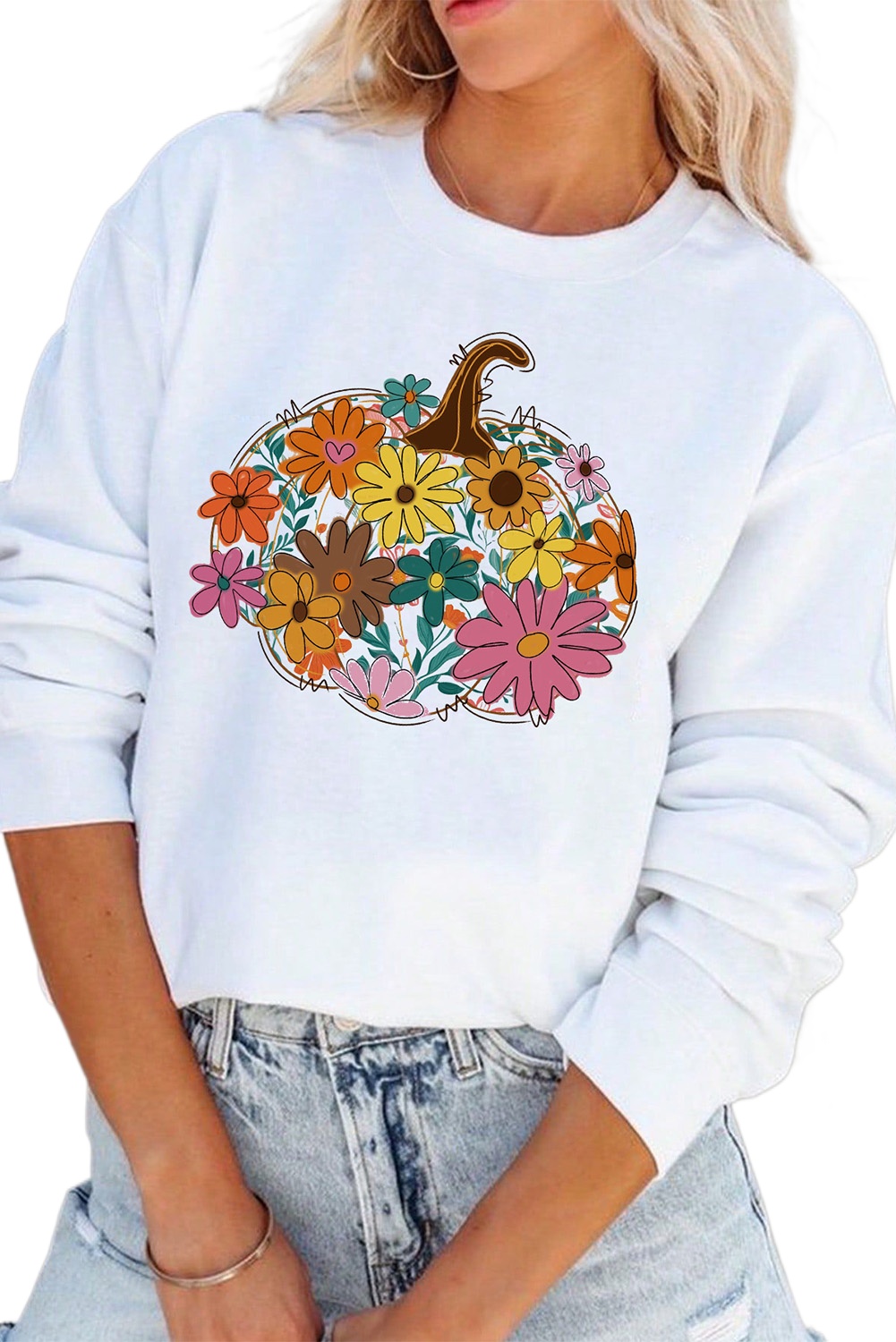 Cozy Long Sleeve Round Neck Sweatshirt with Autumn Pumpkin Design - Detail View 2