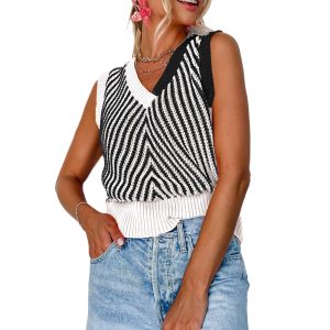 Women's Black Contrast Chevron Knit V Neck Sweater Vest – Casual Summer Essential