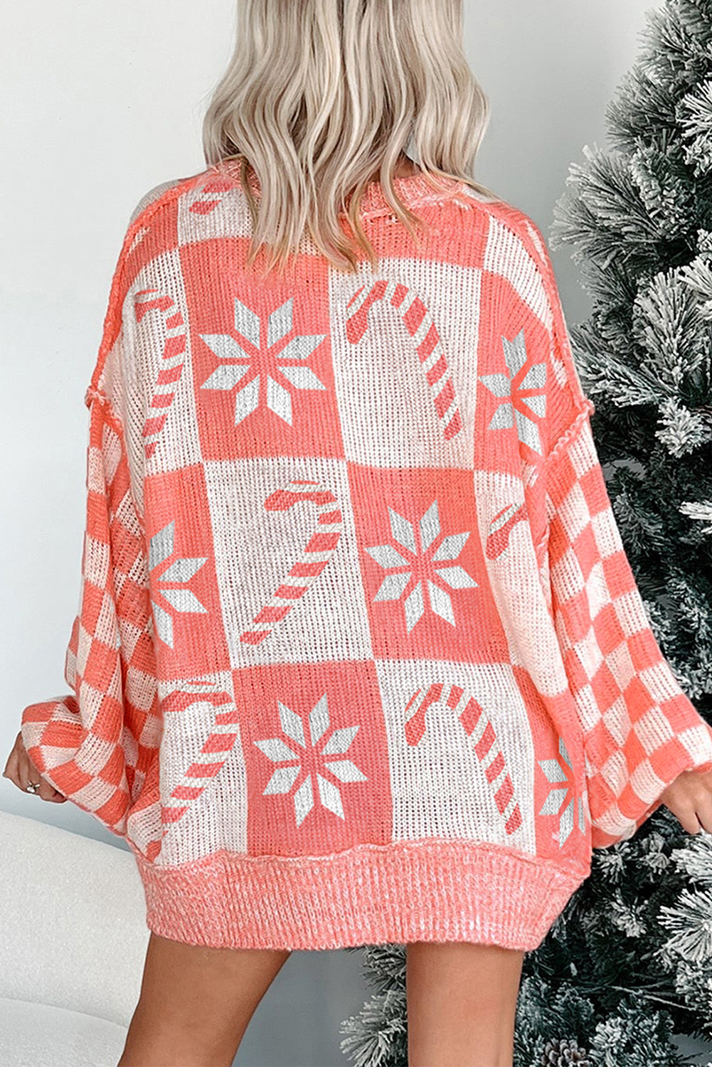 Casual Long Sleeve Pink Plaid Christmas Holiday Tunic Sweater - Detail View 2