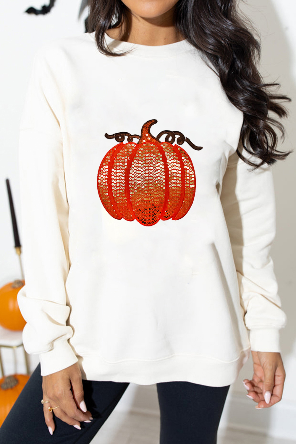 Women's White Sequin Pumpkin Graphic Pullover Sweatshirt - Trendy Casual Fall Style - Detail View 5