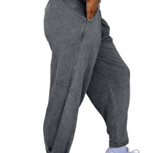 Women's Medium Grey Mineral Wash Jogger Pants – High Waist Casual Style for Everyday Comfort