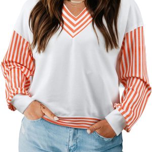 Casual Women's Orange Stripe V Neck Long Sleeve Top – Ideal for Daily Wear - Main View