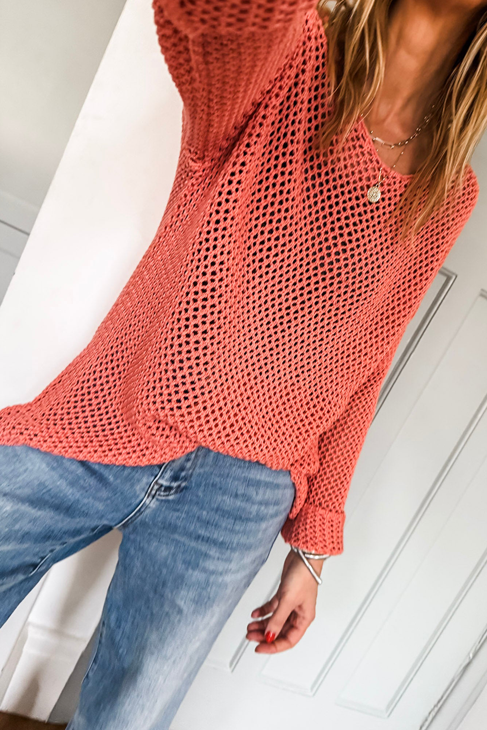 Trendy Long Sleeve Crochet Sweater with U-Neck Design in Coral - Detail View 2